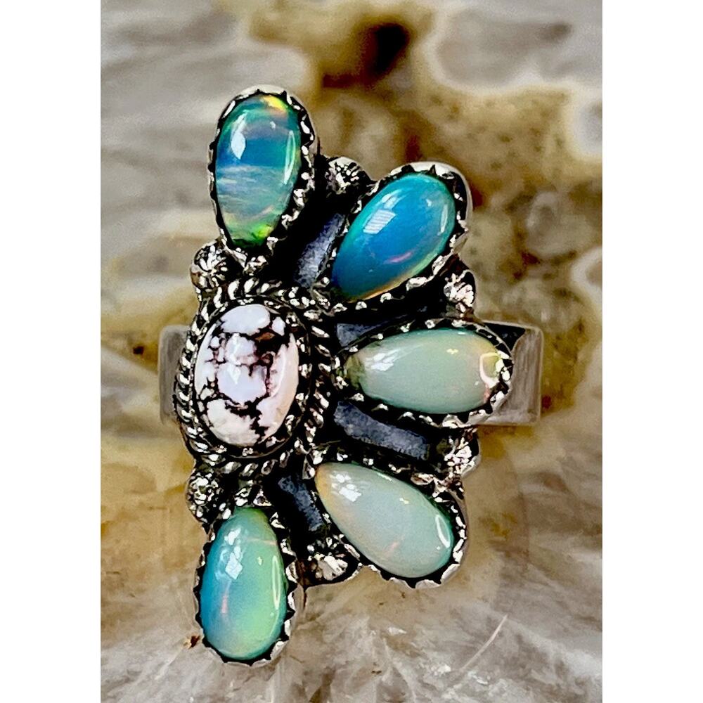 Balloon Opal Wild Horse Turquoise Sterling Cluster Ring Adjust Southwestern 925 - Picture 4 of 15